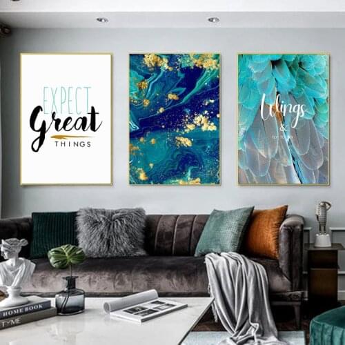 Modern Abstract Art Painting Gold Foil Line Blue Feather Crystal Canvas Painting for Living Room Bedroom Wall Poster Home Decor