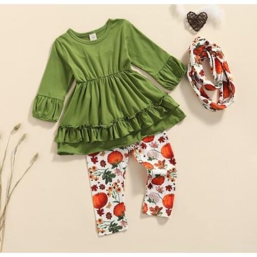 3Pcs Kids Halloween Tracksuit Solid Color O Neck Long Sleeves Blouse + Pumpkin Print Pants + Scarf Girls 9 Months to 4 Years