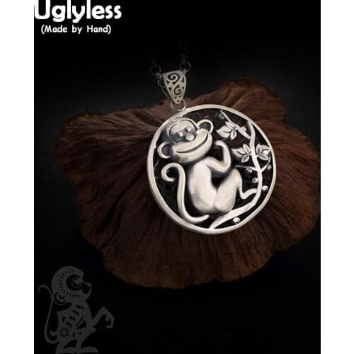 Uglyless Real 999 Fine Silver Handmade Monkey Necklace without Chain Retro Hollow Unisex Round Pendant Bijoux Carve Tree Jewelry