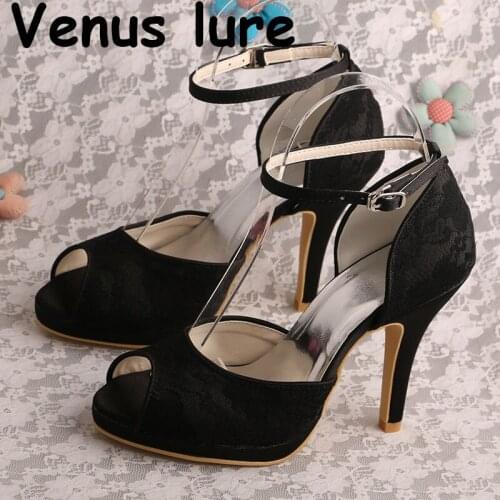 Venus lure Women Shoes Heels High Summer Sandals Black Lace with Ankle Strap