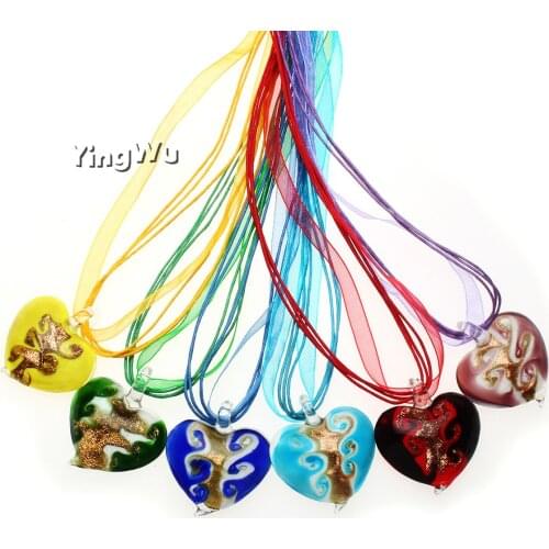 Yingwu 6pcs/Lot Glass Jewelry Heart Gold Foil Murano Glass Pendant Lampwork Glass Pendant 3+1 Silk Rope Necklace Free Shipping