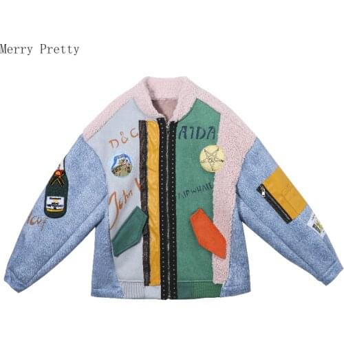 Letter Print Patchwork Fleece Warmness Jackets Coats Women 2021 Summer Long Sleeve Stand Collar Casual Female Parka Outwear