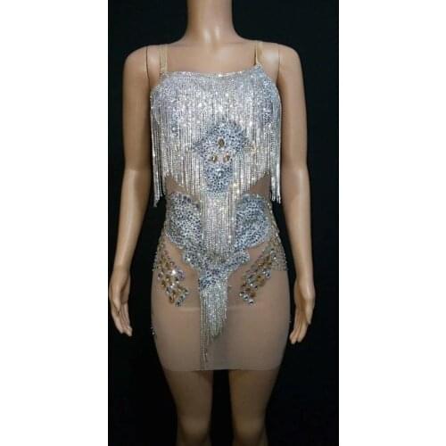 Nightclub Women Rhinestone Sequin Tassels Short Skirt Female Sexy Screen Perspective Pole Dancing Skirt Womens Slim Stage Wear