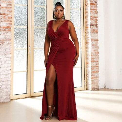 Plus Size Sexy V-Ncek Evening Dresses African Clothes Prom Host Clothes European Clothing Slit Dress Cocktail Party Costume