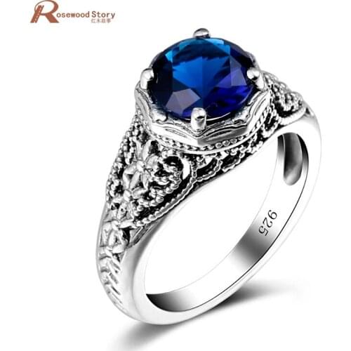 Wholesale Vintage Silver Color Lab Sapphire Women Rings Dark Blue Crystal Wedding Promise Rings Real 925 Sterling Silver Jewelry