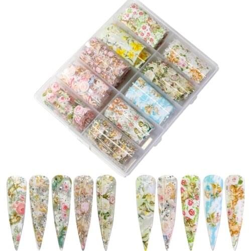10pcs/Box Nail Art Foil Transfer Sticker Set Holographic Flower Galaxy Decals Foil 10Pcs 4*100cm Holographic Manicure Nail Foil