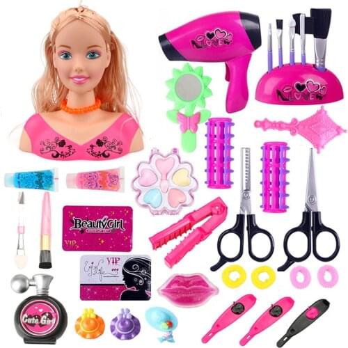 34Pcs 24 x 14 x 18cm Child Makeup Pretend Playset Styling Head Doll Hairstyle Beauty Toy with Hair Dryer Birthday Gift For Girl