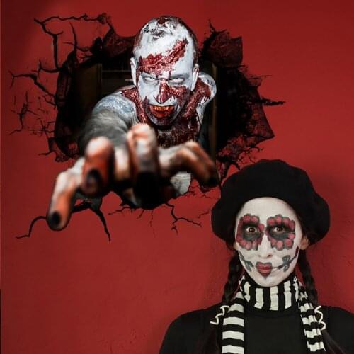 3D Broken Wall Bloody Scary Zombie Sticker Halloween Party Wall Sticker Living Room Wall Horror Decoration Atmosphere Props