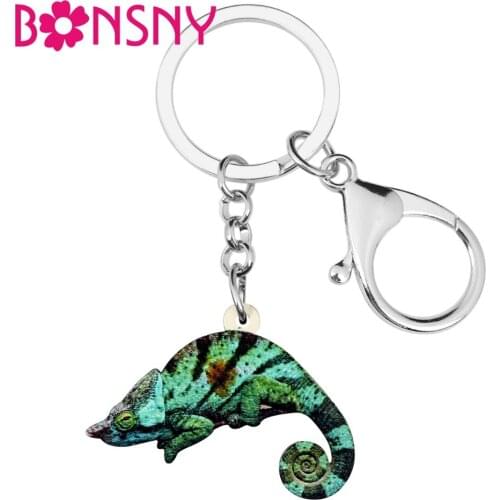 Bonsny Acrylic Blue Chameleon Lizard Key Chain Keychain Holder Unique Animal Jewelry For Women Girl Handbag Car Charms Wholesale