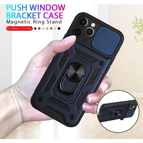 Slide Camera Lens Protection Buckle Ring Case for iPhone 12 11 Pro Max XS XR 7 8 Plus Silicon Armor Shockproof Kickstand Cover
