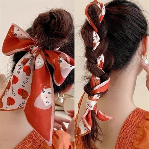 Long oil painting hair band fashion temperament small scarf spring and autumn long ribbon silk scarf
