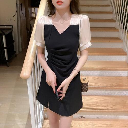 Heydress Patchwork Korean Fashion 2021 Summer Square Collar Split Temperamental Party Dress Chic Women Puff Short Sleeve Dress