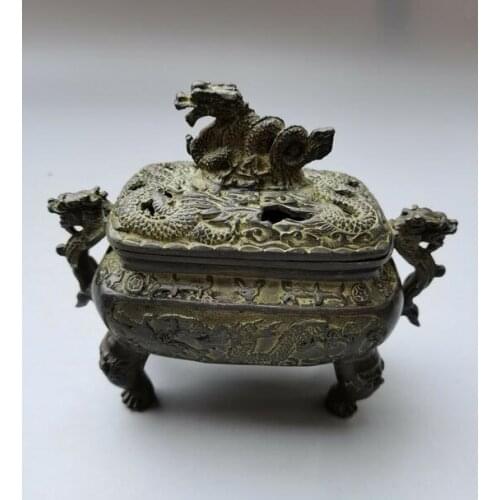 Collect Tibetan Old Chinese Bronze Hand Carved Dragon Incense Burner