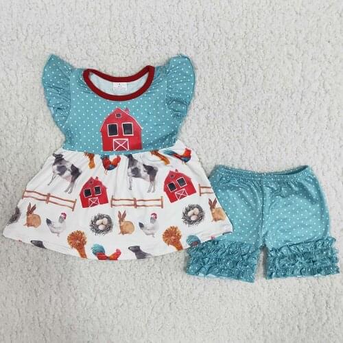Hot Fashion Baby Girls Clothing Sets Summer Short Sleeves Farm Print Toddler Baby Girls Designer Clothes Kids Clothing Outfits