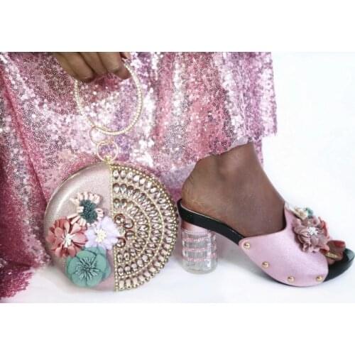 Hot sale pink women pumps match round bag set with flower decoration african shoes and handbag for dress G85,heel 7.5CM
