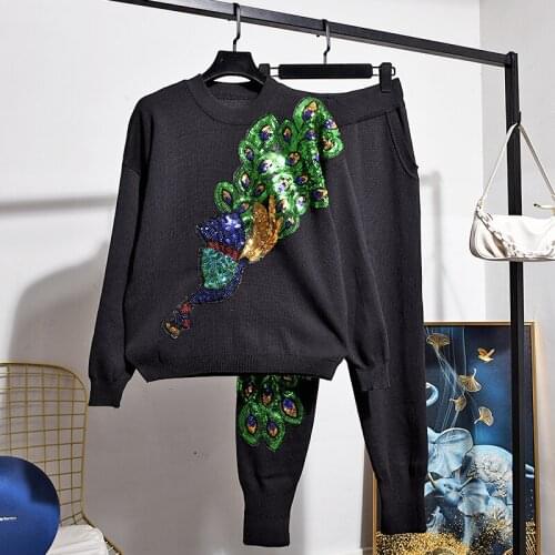 Fashion Black Knit Tracksuit Outfits Women Autumn Manual Sequin Peacock O Neck Knitwear +Pencil Pants Female Casual Knitted Sets
