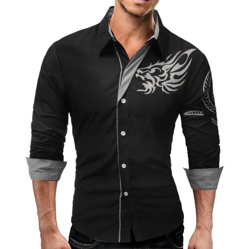 Mens Shirt Long Sleeve Turn Down Collar Cardigan Shirt with Dragon Printing Casual Chinese Style Slim Single-Breasted Tops