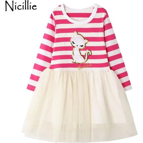 Nicillie Stripe Kids Dress For Girls Cute Cat Pattern Princess Girls Dresses Long Sleeve Toddler Winter Children Dress Clothing
