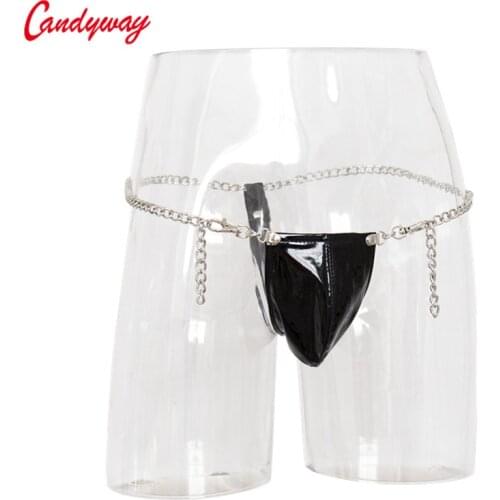 Mens Chain G-String Sexy Leather Underpants Black Briefs Buttocks sex bondage straps Erotic lingerie Underwear Panties