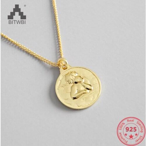 S925 sterling silver simple personality cupid angel round card tag short collar bone necklace chain decoration