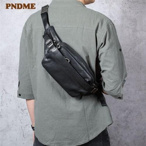 Casual fashion designer genuine leather mens black chest bag natural soft first layer cowhide waist pack daily messenger bag