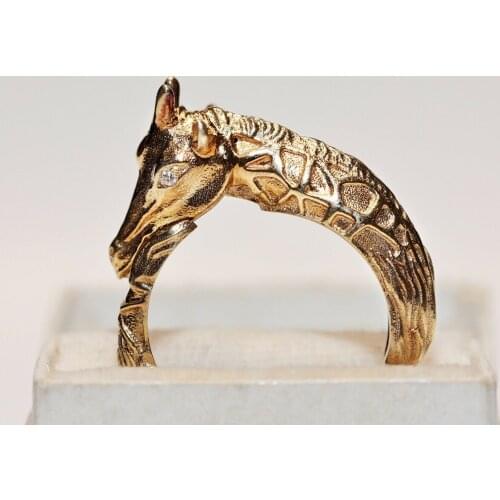 PERFECT 14K GOLD NATURAL DIAMOND DECORATED ANIMAL GIRAFFE DESIGN AMAZING RING