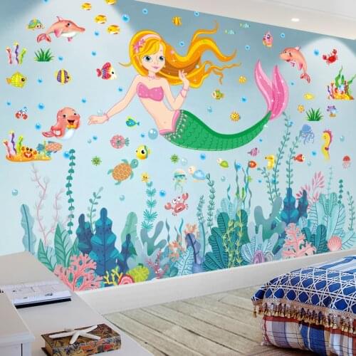 [SHIJUEHEZI] Mermaid Seaweed Wall Stickers DIY Girl Fish Seagrasses Mural Decals for Kids Room Baby Bedroom Bathroom Decoration