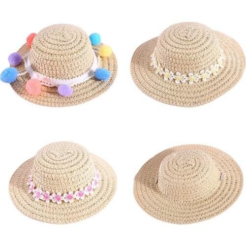 2021 Pet Cat Dog Woven Straw Hat Adjustable Sunshade Cap Small Dogs Cats Beach Party Colorful Pompom Ball Dog Straw Cap Hats