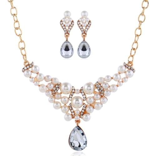 Bridal Wedding Ornament Exquisite All-match Faux Pearl Crystal Rhinestone Teardrop Earrings & Necklace Womens Jewelry Set