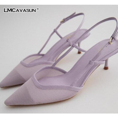 LMCAVASUN New womens shoes Light violet mesh cat heel high heels women stiletto heels