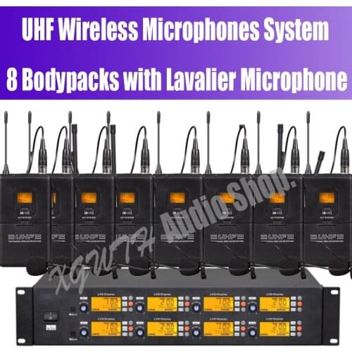 UHF Wireless Digital Microphones System 8 Bodypacks with Lavalier Lapel Microphone With Receiver Frequency Adjustable