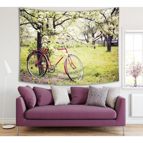 Tapestry Vintage Bicycle Waiting Near Tree Against Spring Nature Remantic Scene in Green and Red Picture
