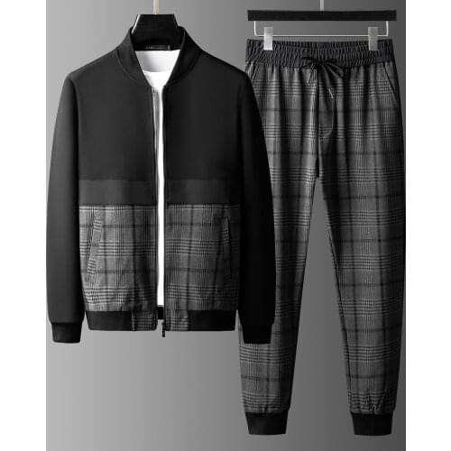 High-end plaid splicing age-reducing two sets of handsome mens baseball collar autumn and winter mens long sleeve sports and l