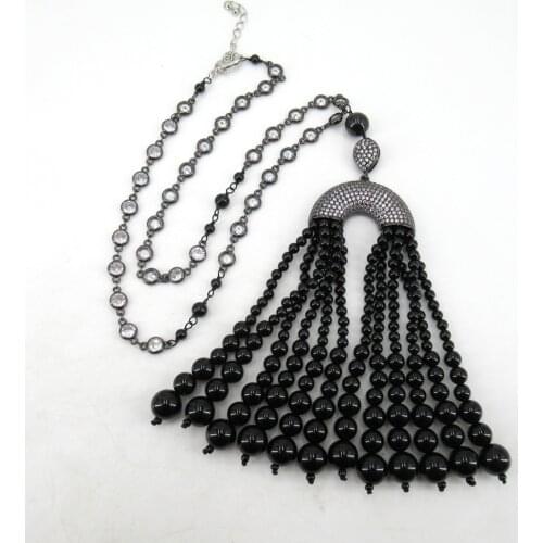 GuaiGuai Jewelry 21" 4-10MM Onyx Gunmetal Color plated CZ micro Pendant crystal pave chain Necklace