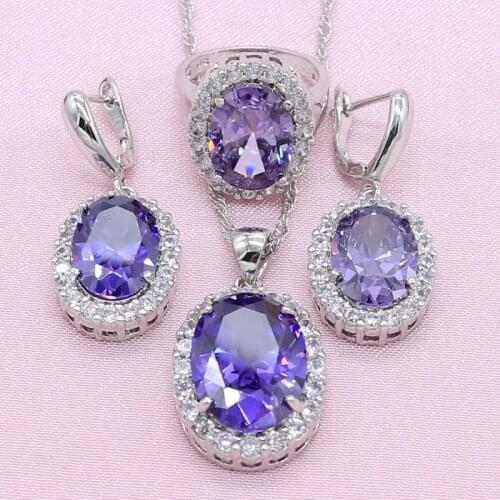 Silver Color Jewelry Sets For Women Wedding Purple Cubic Zirconia Earrings Necklace Ring Bridal Fashion Jewelry Free Gift Box