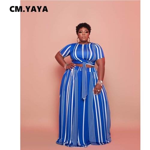 CM.YAYA Women Plus Size Set Print Short Sleeve O-neck Bandage Crop Tops Long Skirts Two 2 Piece Sets Fashion Outfit Summer 2021