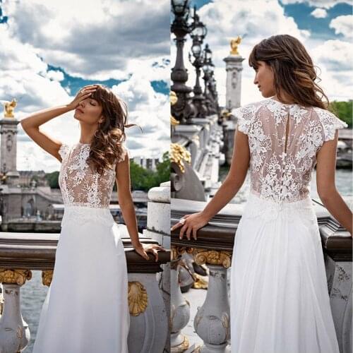 021 Bohomian Wedding Dresses Cap Sleeves Lace Chiffon Illiusion Bodice Wedding Bridal Gown Plus Size vestido de novia