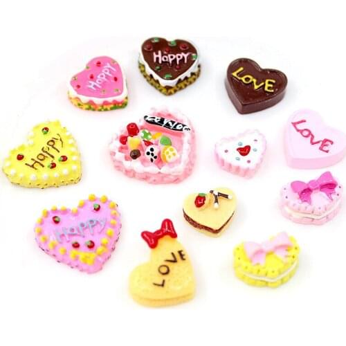 Cute Lovely Heart Shape Food Cake Resin Cabochons Embellishments Scrapbooking Phone Shell Charms Decoration Cameo Patch 10pcs