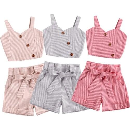 2021 Fashion Toddler Girls Clothes Sets Kid Girl Summer Striped Printed Button Sleeveless Crop Tops Shorts 2pcs Casual Sets