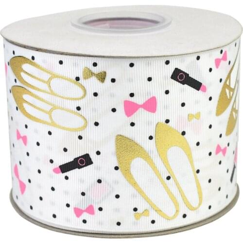 50yards 75mm Gold foil high-heeled shoes lipstick bows Grosgrain Ribbon For DIY Accessories Welcome Custom printed