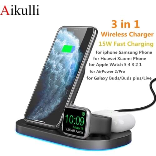Wireless Charger Stand 3 in 1 15W Fast Charging Station for iPhone Samsung Xiaomi Apple Watch SE 6 5 4 3 2 Airpods Pro 2 Charge