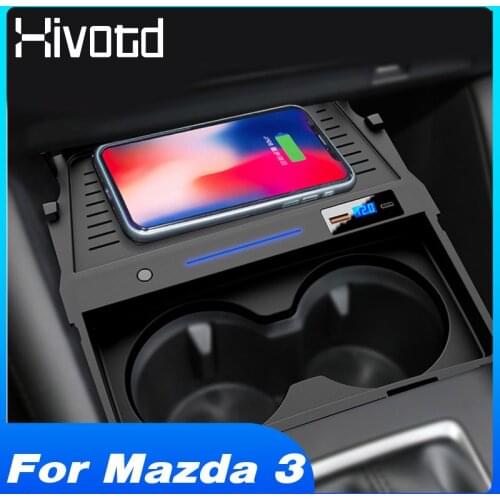 Hivotd 15W Car QI Wireless Charging Interior Modification Fast Phone Charger Plate Auto Accessories For Mazda 3 2019 2020 2021