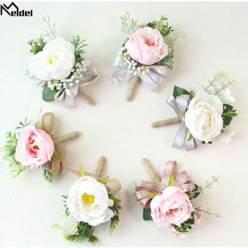 Meldel Boutonniere Wedding Corsage Groom Brooch Bride Wrist Corsage White Pink Silk Flower Bridesmaid Bracelet Marriage Supplies