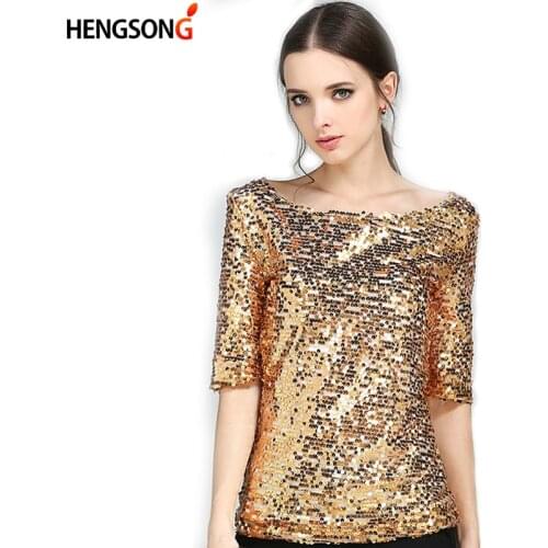 New Half Sleeve Sequins O Neck T-Shirt Mesh Sexy Slim Women Shirts Casual Tees Tops Streetwear Plus Size S-5XL