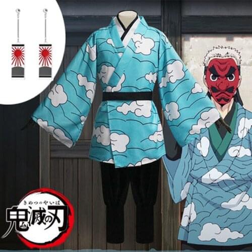 Anime Demon Slayer Kimetsu No Yaiba Kamado Tanjirou Urokodaki Sakonji Cosplay Costume Sky Blue Kimono Uniform Helloween Outfit