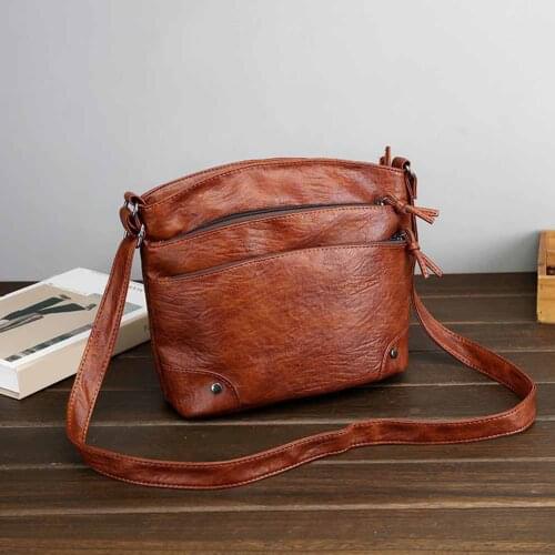 2021 Fashion Women Multi-pockets Bucket Shoulder Bags Washed Pu Leather Crossbody Female Solid Color Messenger Bag Phone Purses