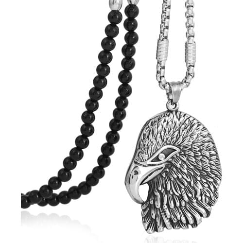 Men Punk Titanium Steel Skull Pendant Necklace,Black Natural Stone Chain 26" Link for Men Jewelry