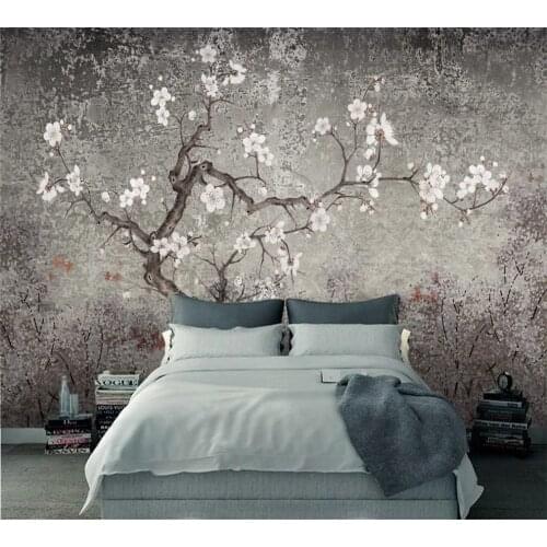 Custom 3D wallpaper mural retro plum background wall new Chinese background hand-painted flowers and birds