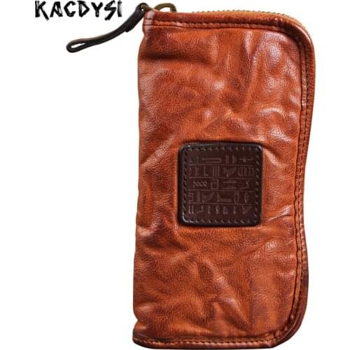 Luxury Genuine Leather Mens Wallet Vintage Unisex Long Cash Purse Zipper Natural Cowskin Leather Male Clutch Bag ID Card Holder
