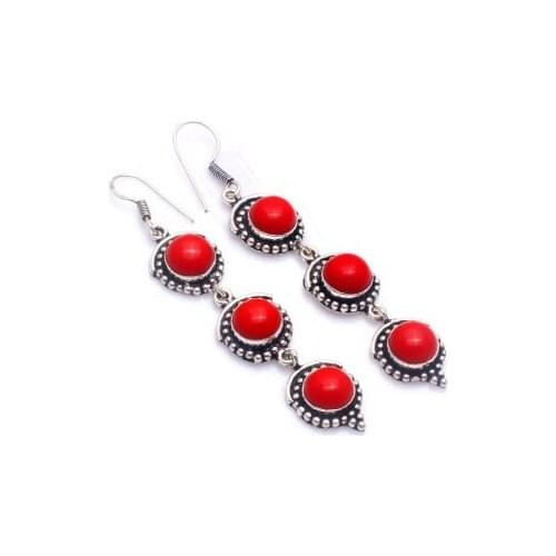 Genuine Coral Silver Overlay on Copper Earrings, 85 mm , E6107